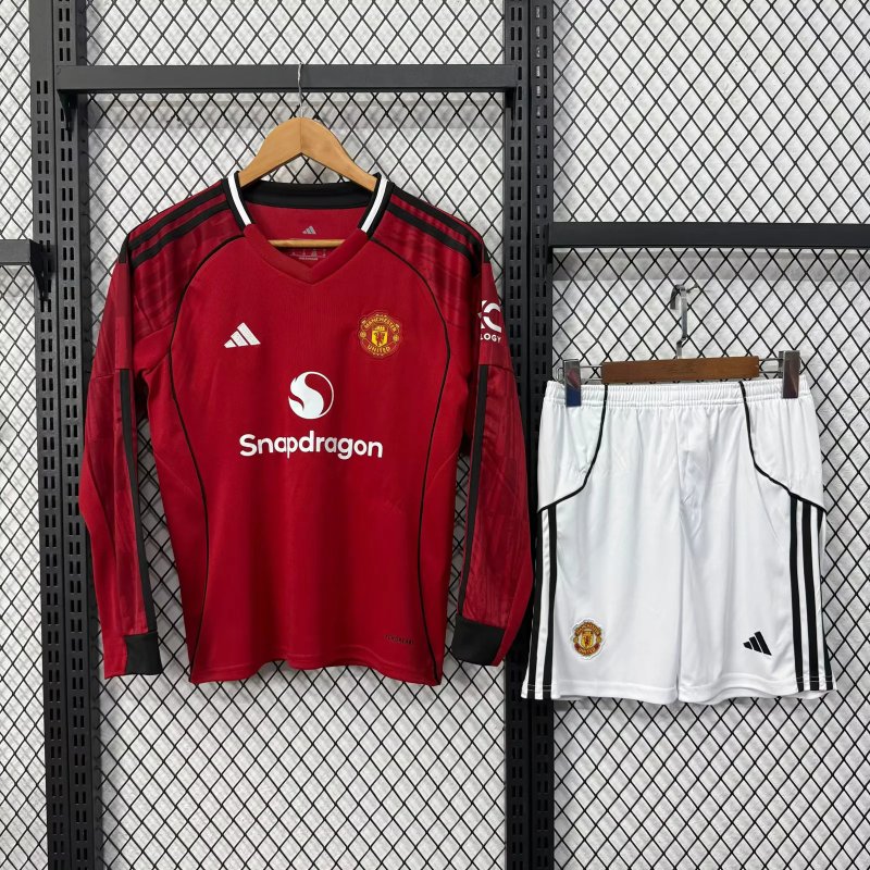 Kids-Manchester Utd 25/26 Home Long Soccer Jersey